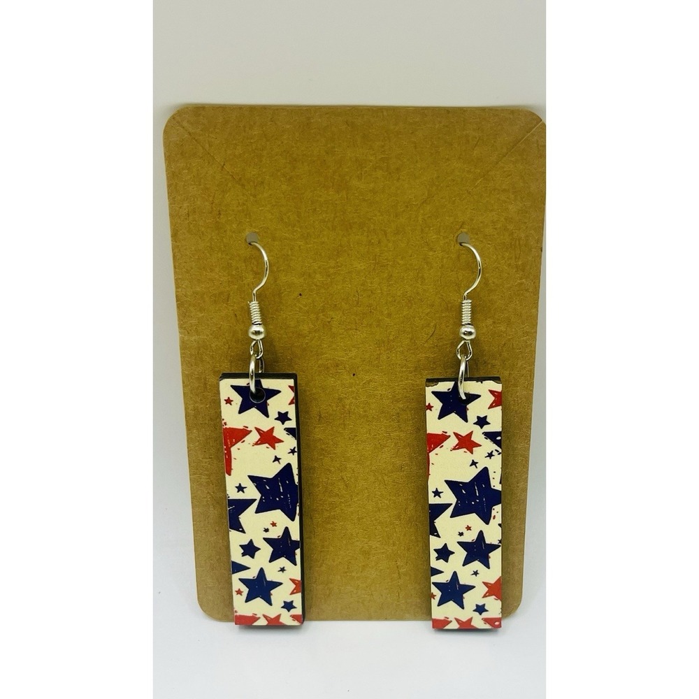 Red, White And Blue Rectangle Earrings Dangle 2.5" Patriotic
